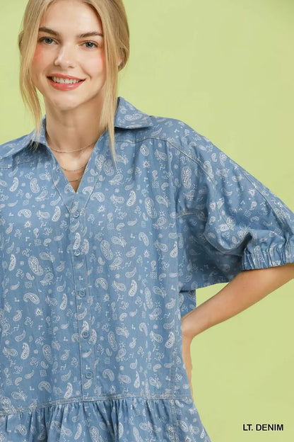 Umgee Paisley Print Chambray Top