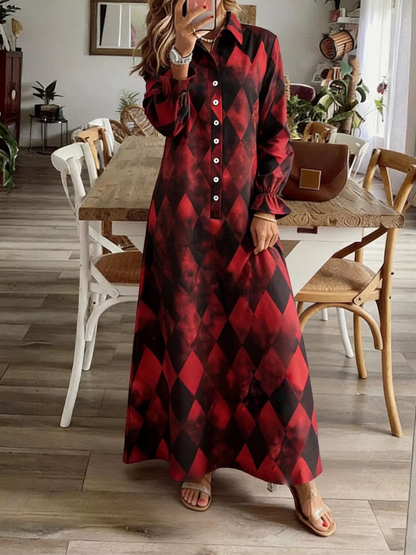 Argyle Print Button-Down Maxi Dress