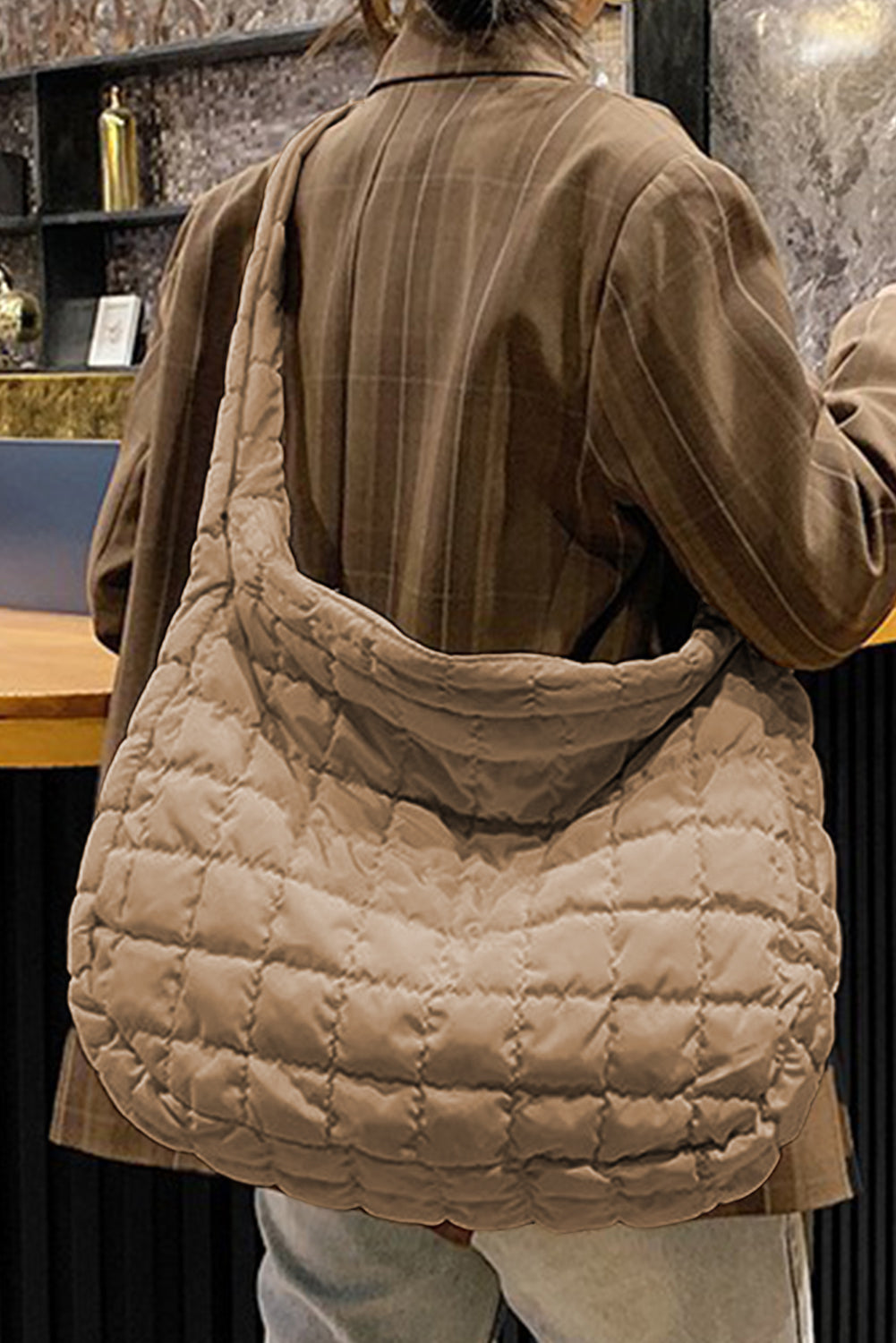 Blue Zone Planet | Light French Beige Quilted Zipper Large Shoulder Bag