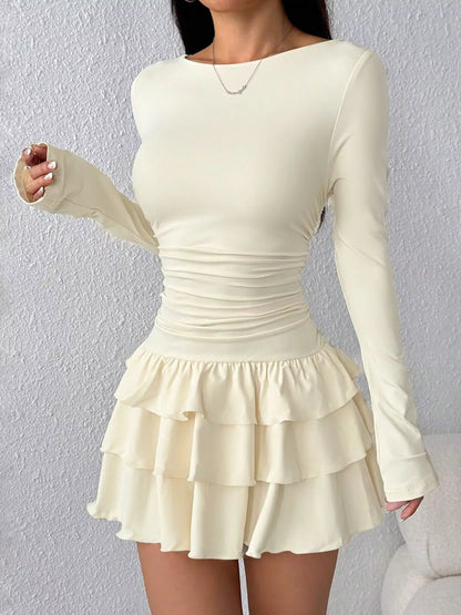 Elara's Ruched Long Sleeve Layered Ruffle Mini Dress