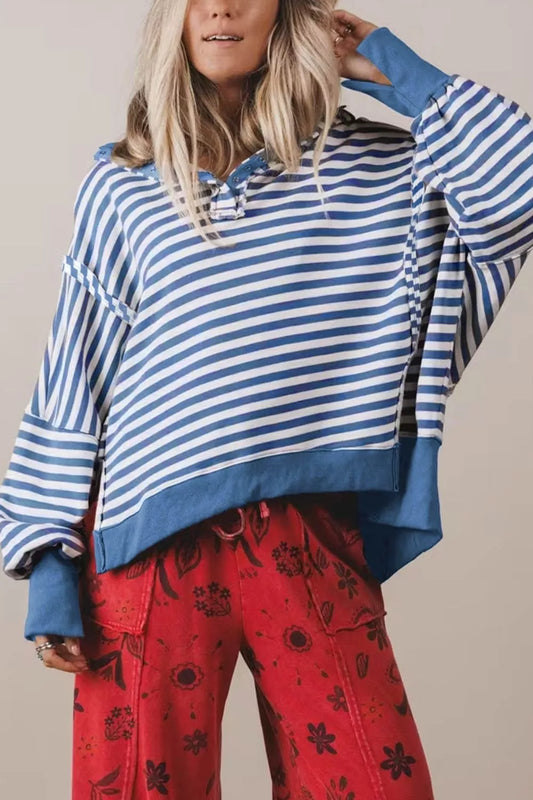 Stripe Color Block Trim Raw Seam Split Hem Loose Sweatshirt
