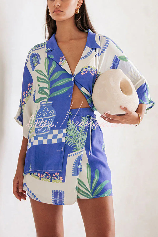 Ensemble chemise ample à imprimé unique et jupe portefeuille à lacets à taille élastique « Balmy Summer Nights »