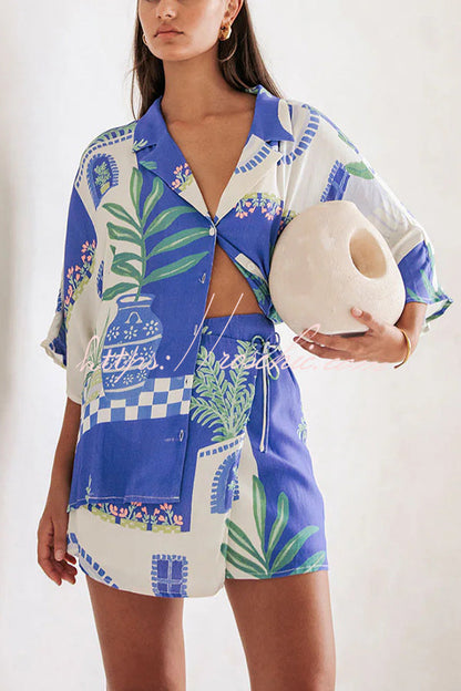 Ensemble chemise ample à imprimé unique et jupe portefeuille à lacets à taille élastique « Balmy Summer Nights »