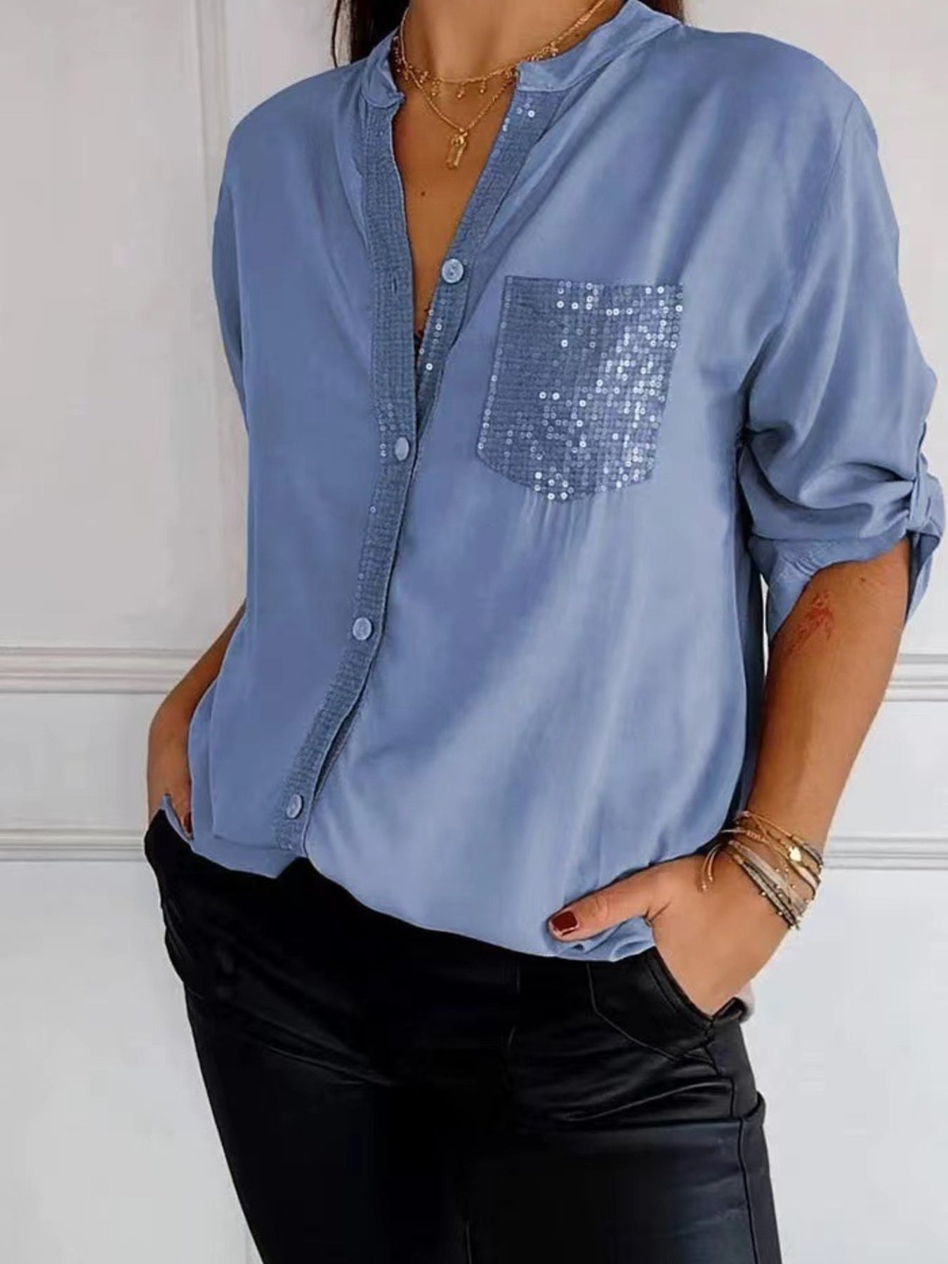 Full Size Sequin Detail Button-Down Shirt Plus Size