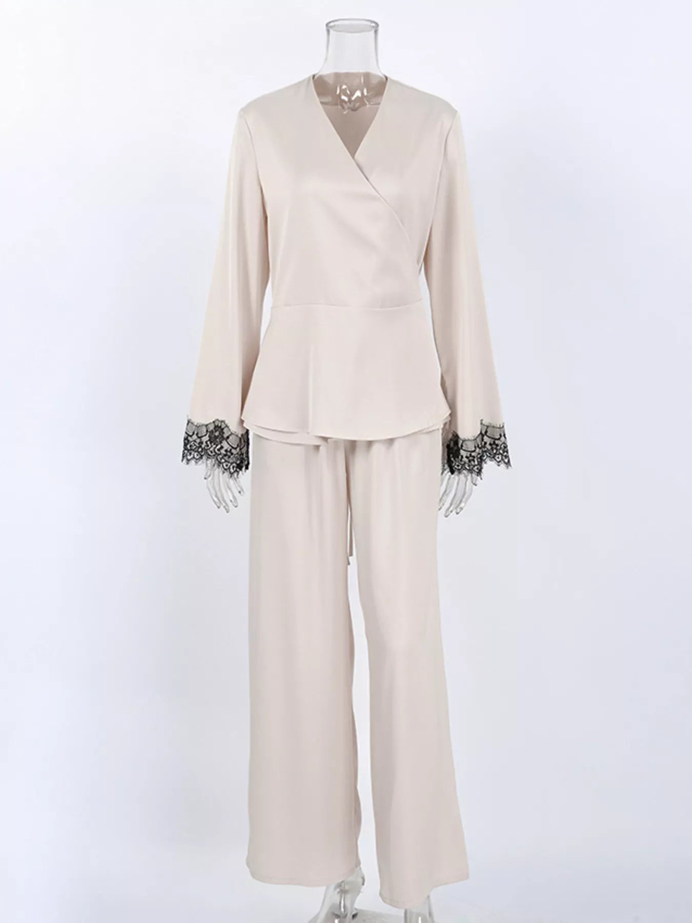 Lace Trim Wrap Top and Pants Set