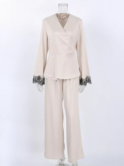 Lace Trim Wrap Top and Pants Set