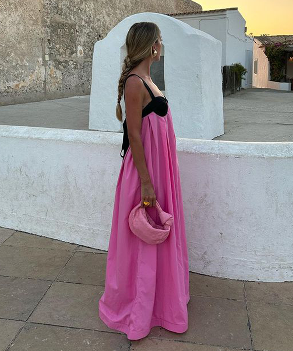 Black & Pink Color Contrast Design Maxi Dress