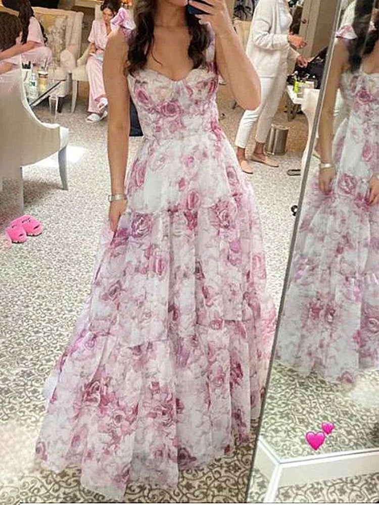 Elegant Floral Strap Princess Dress