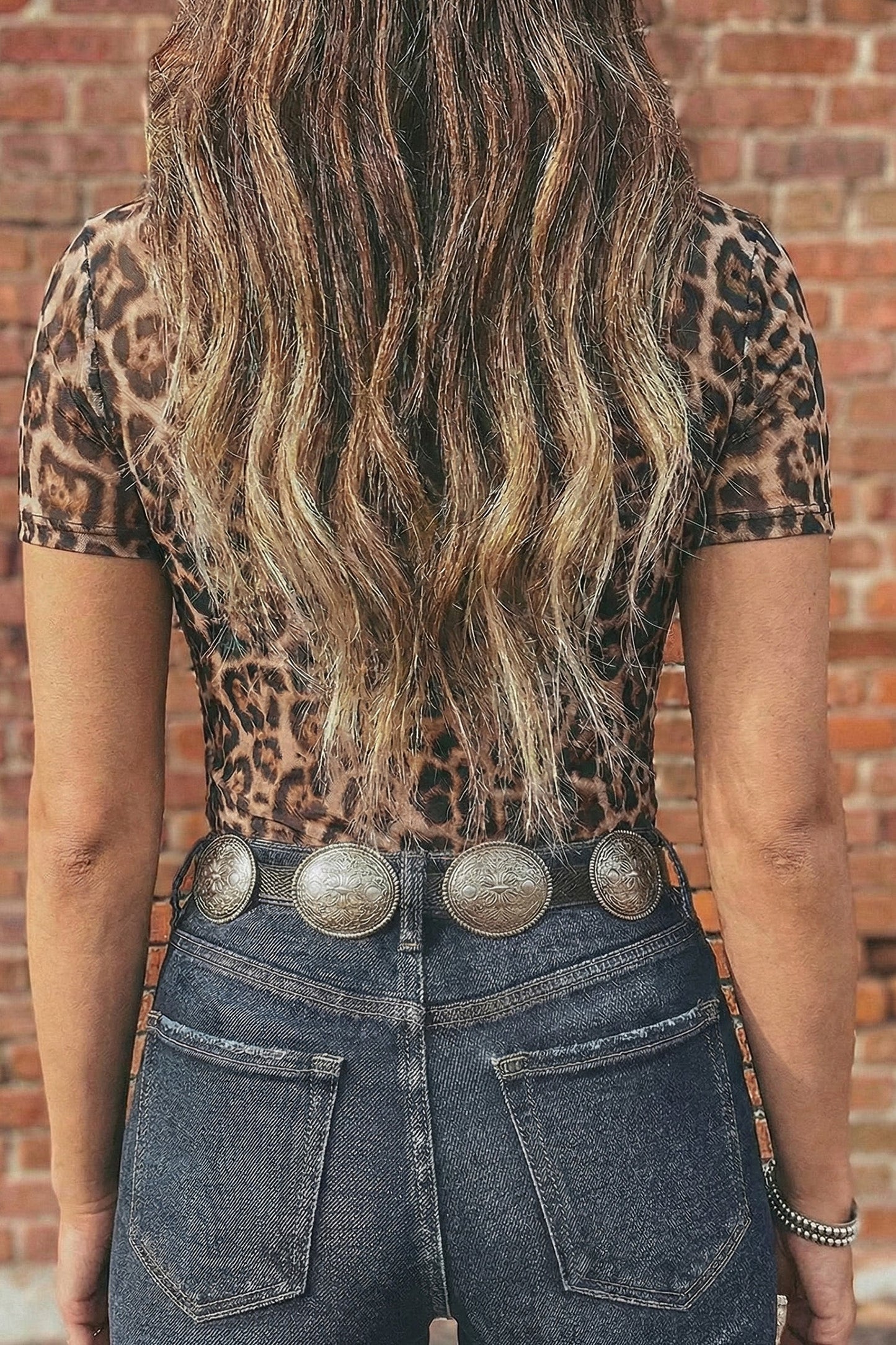 Oatmeal Western Printed Mesh Short Sleeve Top