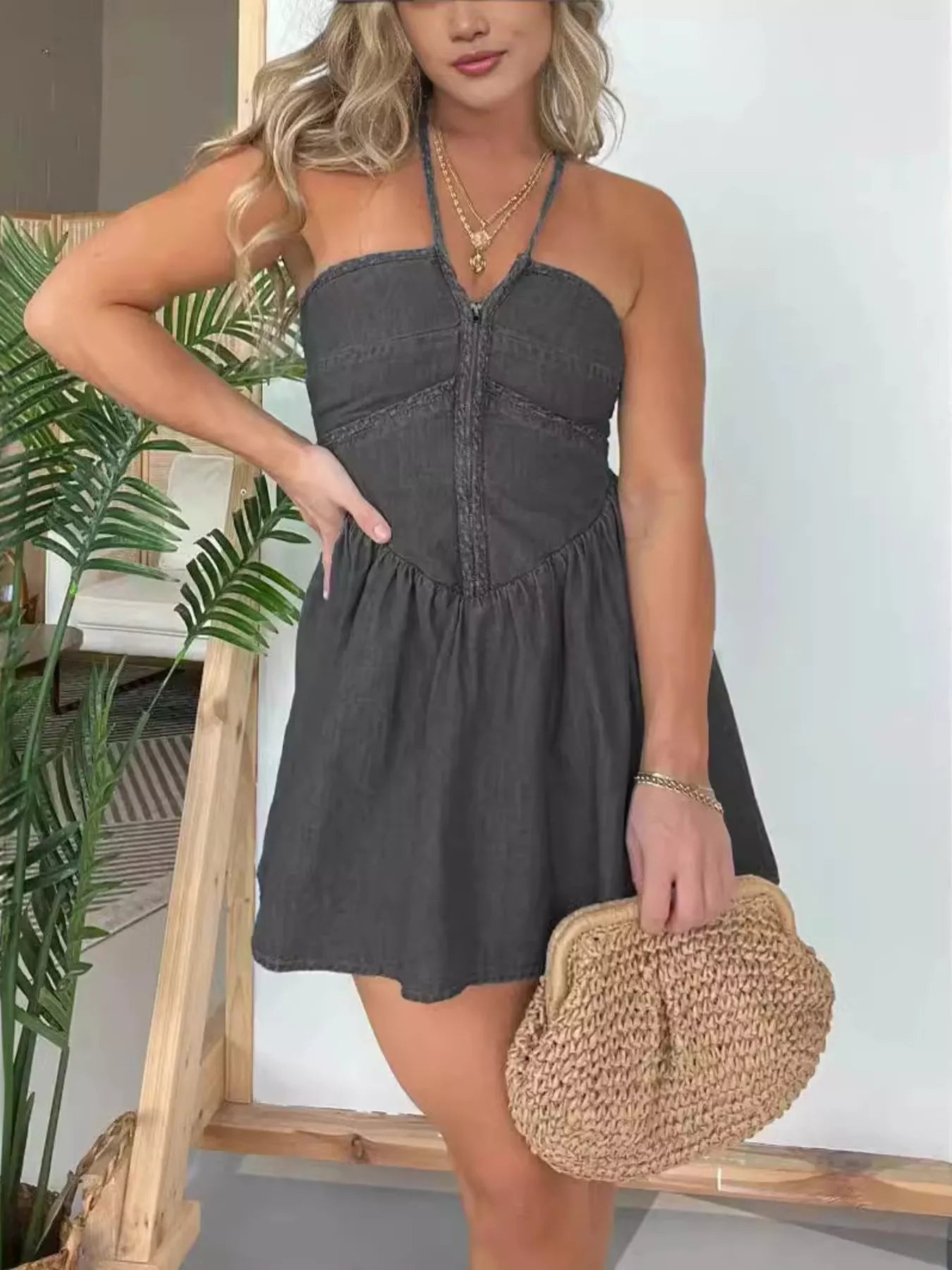 Full Size Denim Halter Neck Mini Dress Plus Size