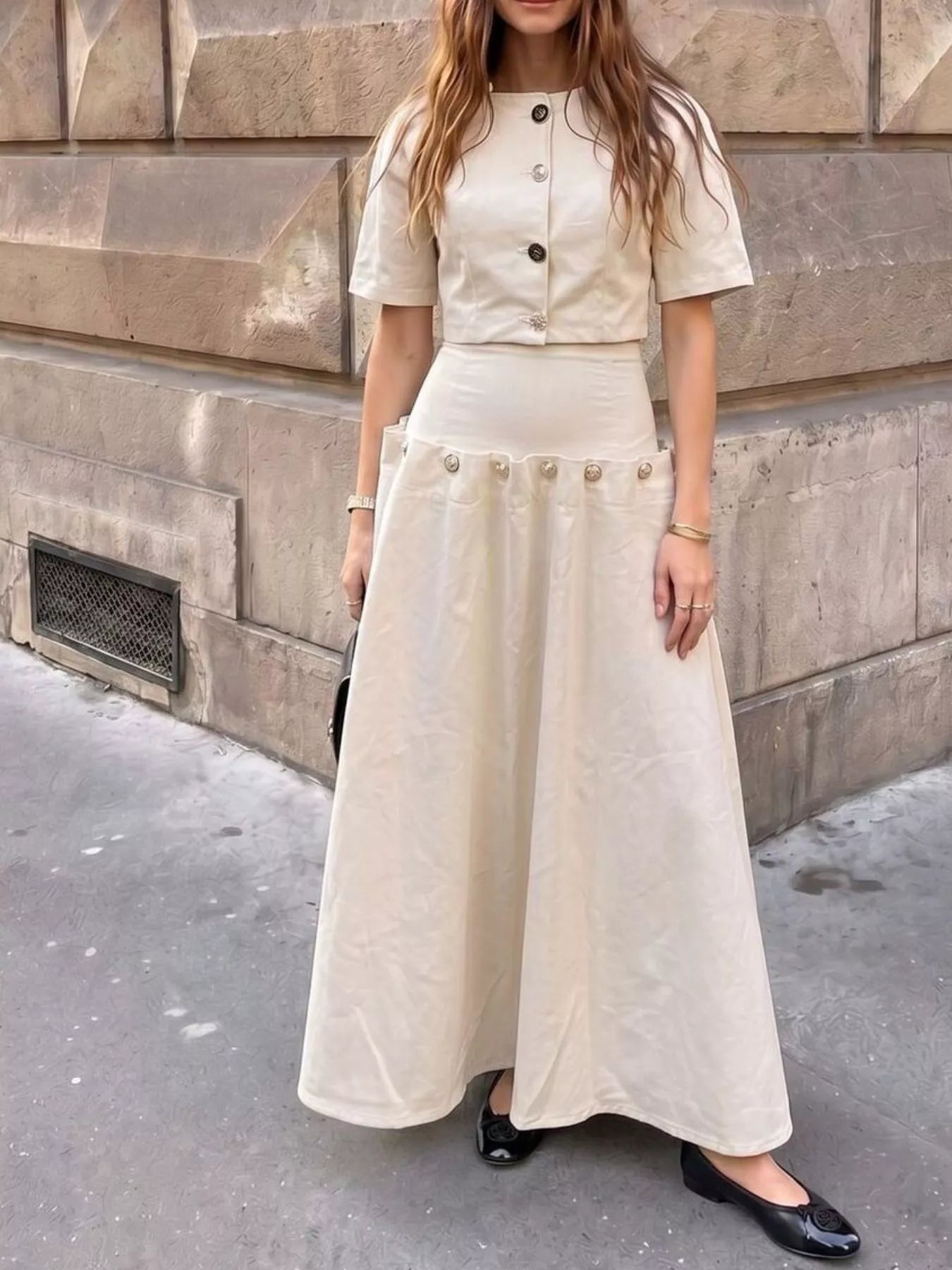 Gold Button Top and Skirt Denim Set