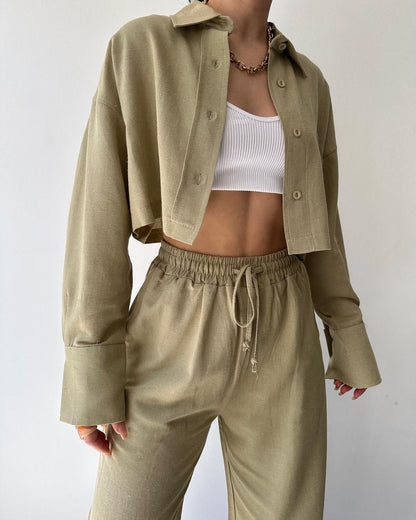 Solid Color Long Sleeves Shirt & Drawstring Pants Suit