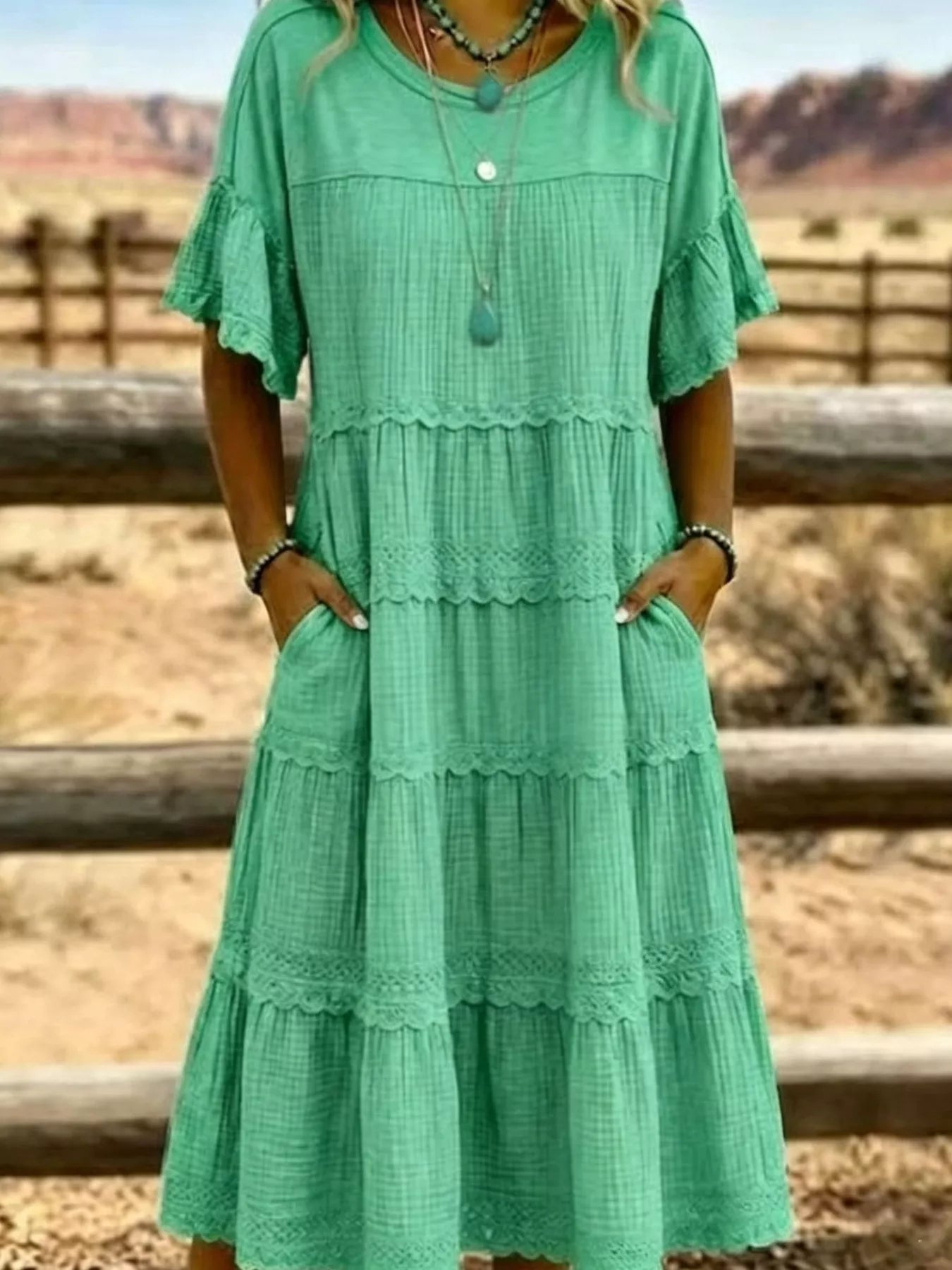 Plus Size Tiered Ruffle Sleeve Midi Dress with Pockets