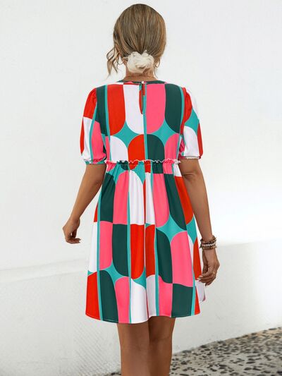 Blue Zone Planet | Geometric Frill Round Neck Short Sleeve Dress