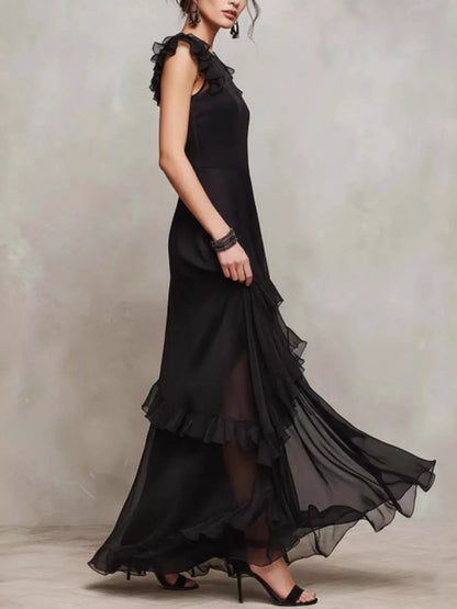 Sheer Ruffle Trim Maxi Dress | Black