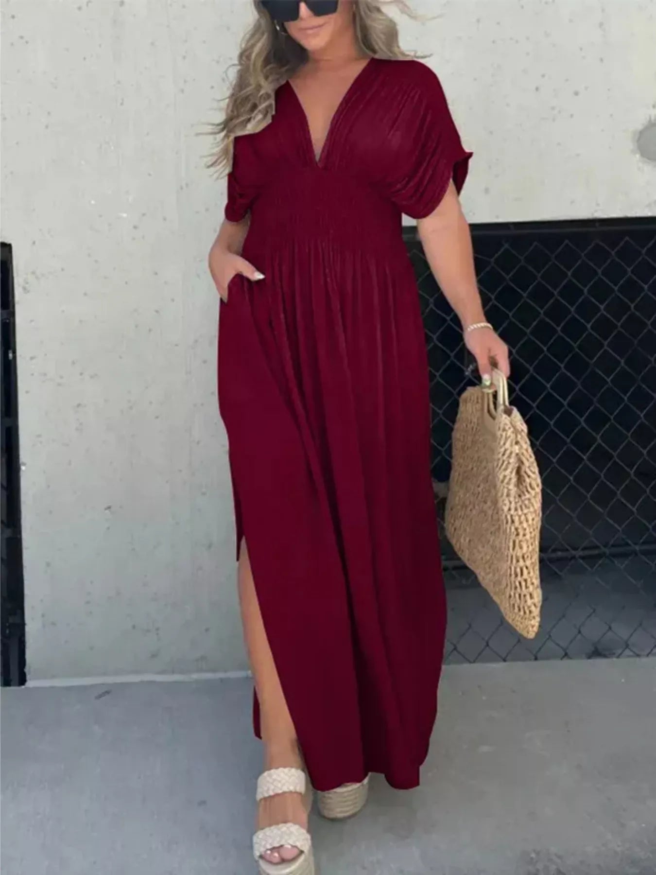 Full Size Slit V-Neck Smocked Waist Maxi Dress Plus Size