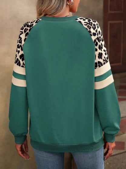 Leopard Round Neck Raglan Sleeve Sweatshirt