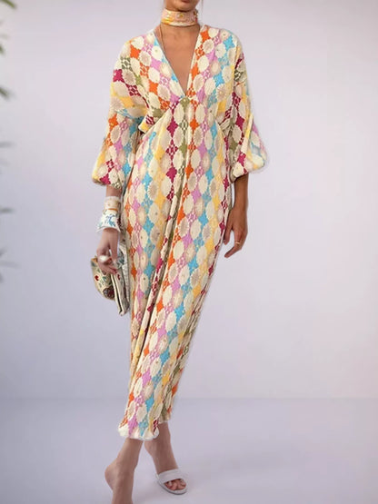 Full Size V-Neck Multi-Color Geometric Print Maxi Dress Plus Size