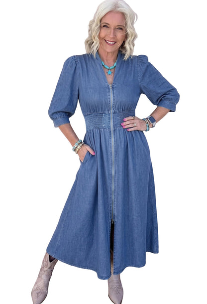 Blue V Neck Shirred Waist Metal Zipper Denim Midi Dress