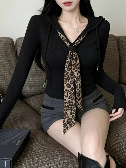 Long Sleeve Hooded T-Shirt with Leopard Scarf Detail