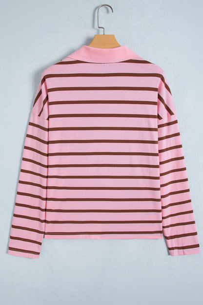 Pink Stripe Striped Long Sleeve Collar Shift Top