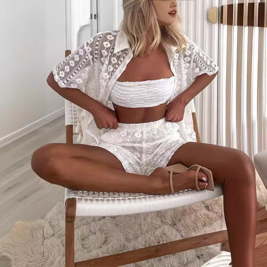 Vacation Style Summer Lace Two -piece Suit