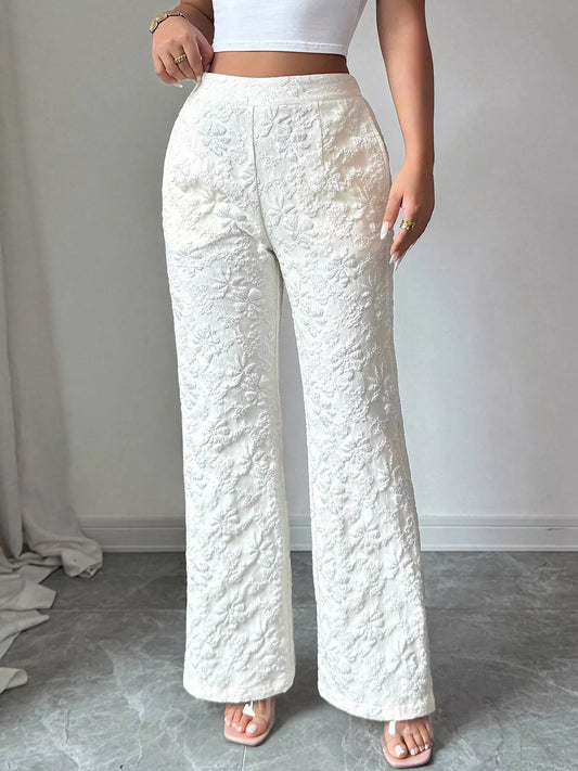 Floral Textured Wide-Leg Pants