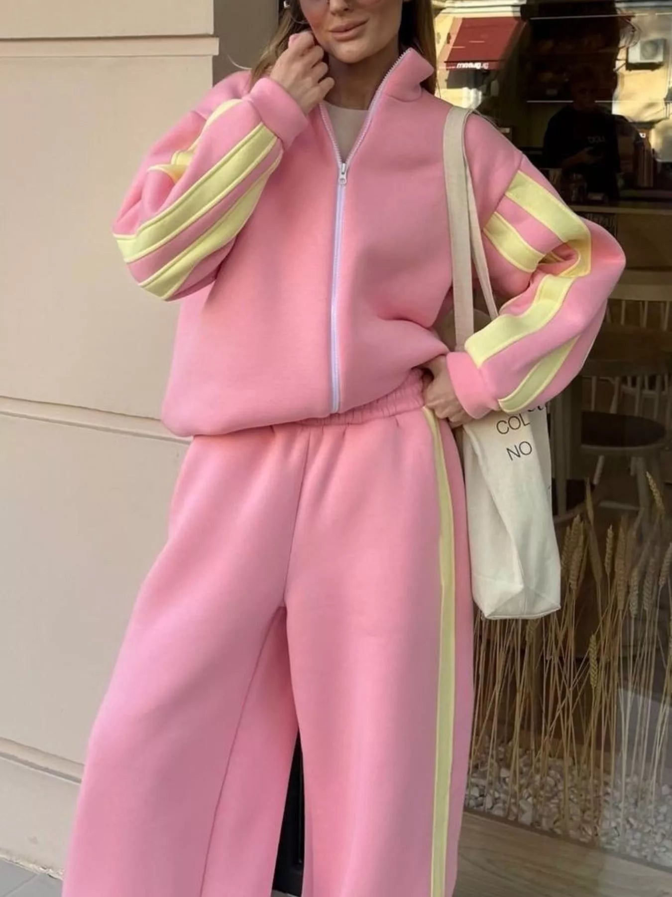 Contrast Striped Zip Up Top and Pants Set
