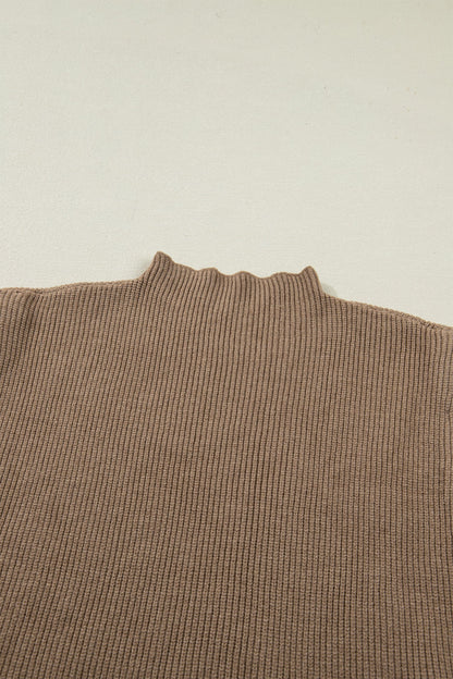 Light French Beige Solid Color Ribbed Knit Mock Neck Loose Sleeveless Sweater