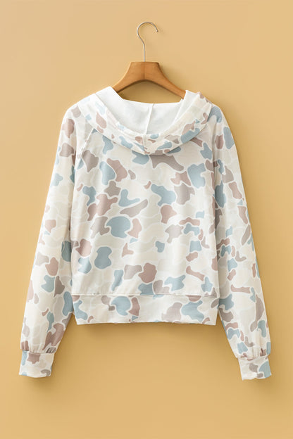 Beige Camouflage Print Long Sleeve Hooded Pullover Casual Top