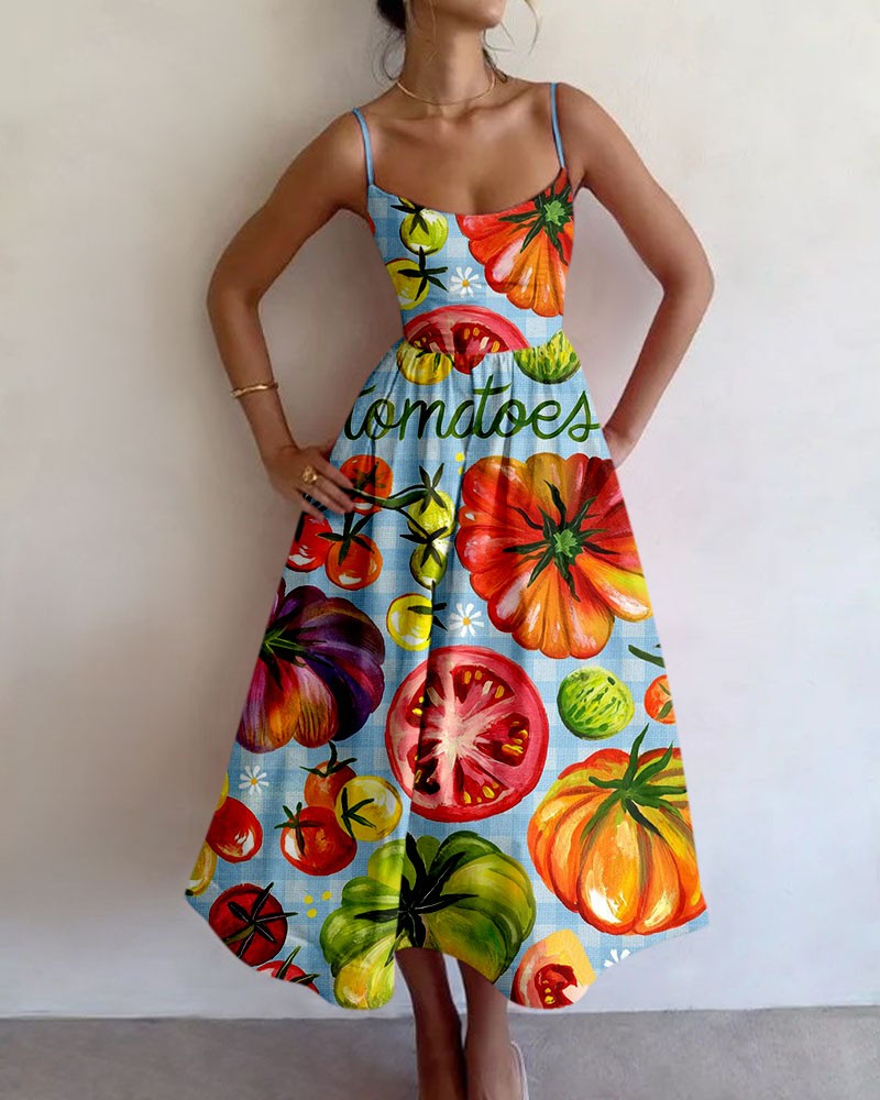 Tomato print suspender dress