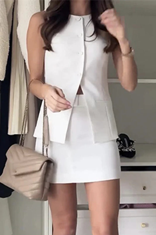 Célébrités élégantes boutons solides col rond sans manches deux pièces