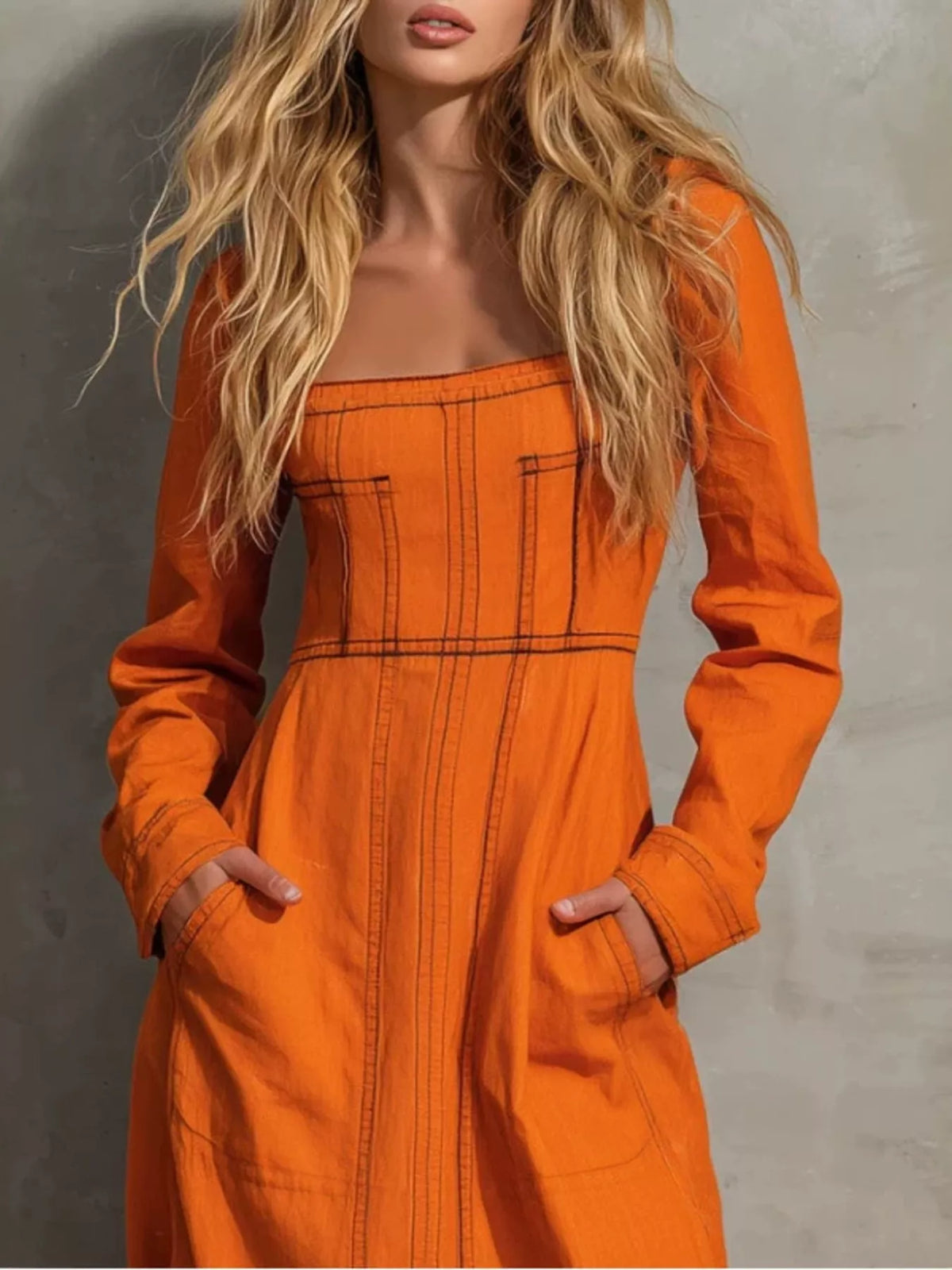 Slit Square Neck Long-Sleeve Maxi Dress