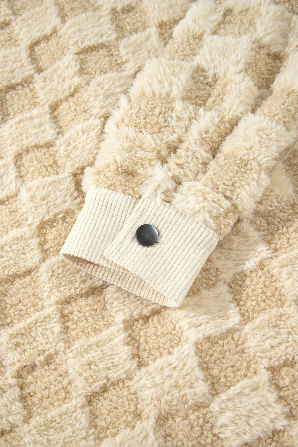 Plush Checkered Corduroy Trim Metal Button Long Sleeve Shift Silhouette Shacket