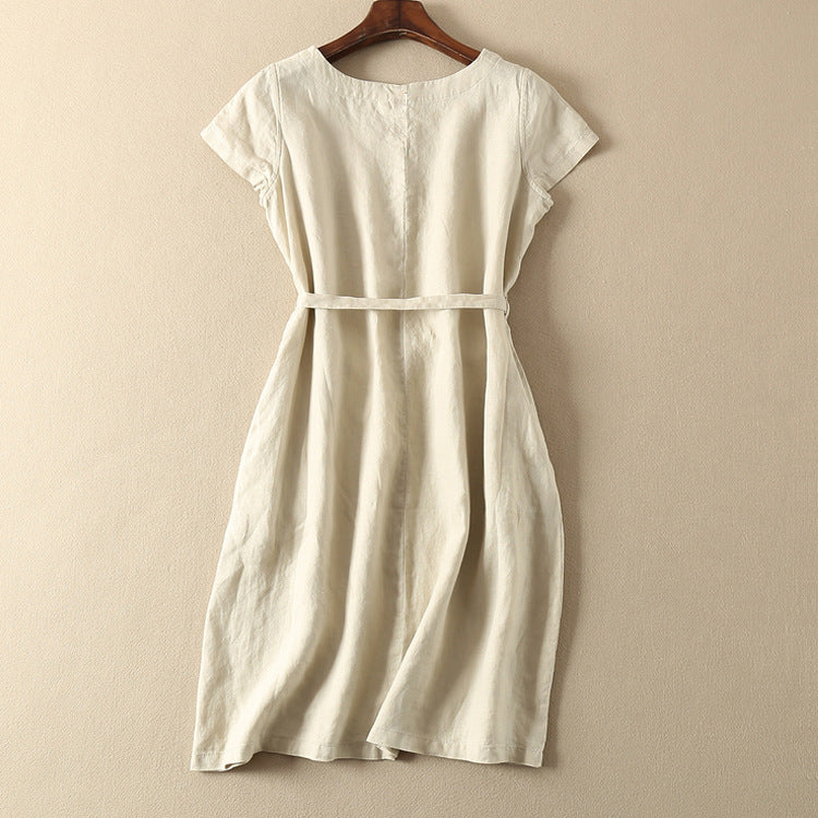 Summer solid color cotton and linen tie dress