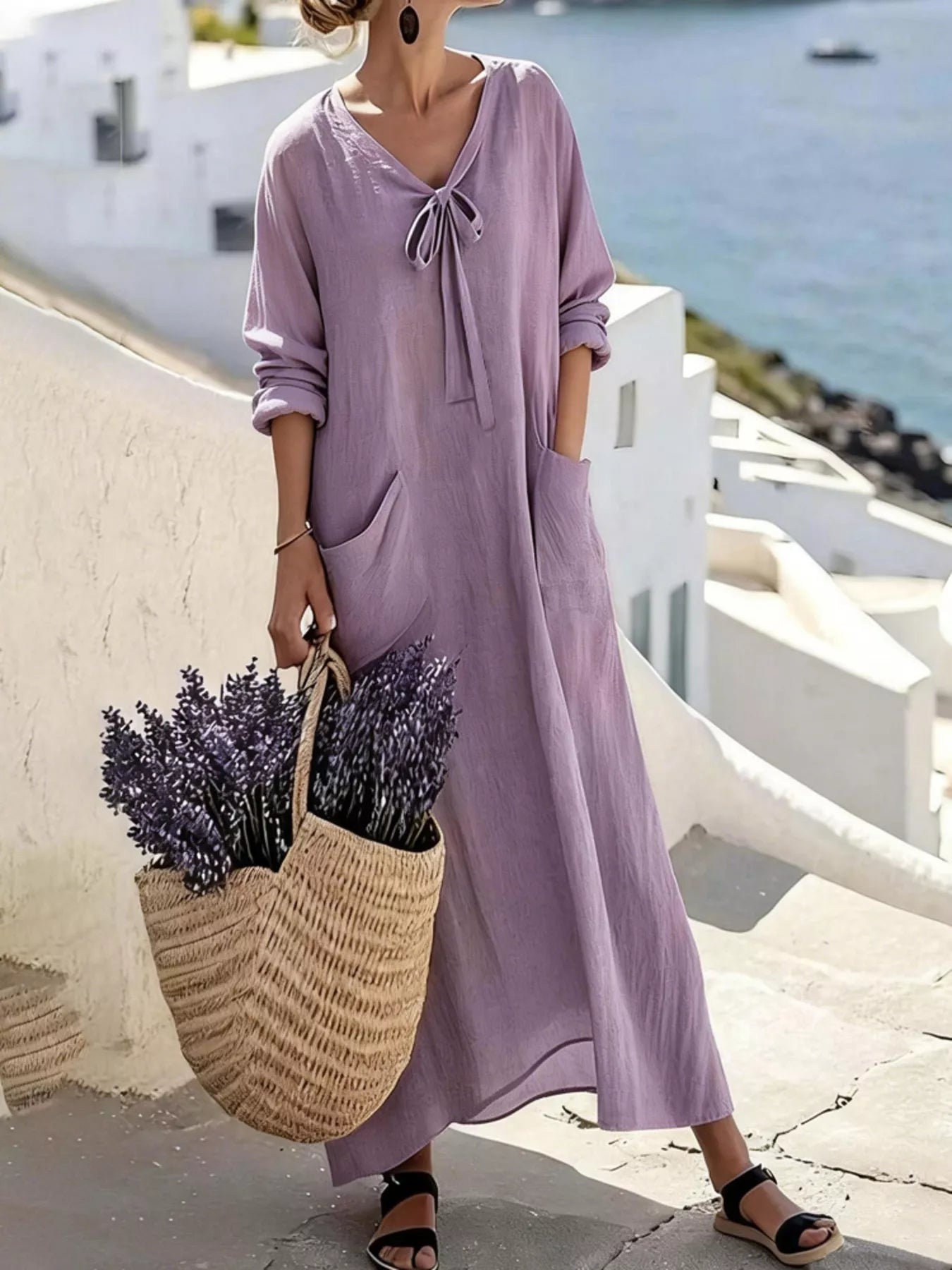Full Size Long Sleeve Loose Maxi Dress with Pockets Plus Size
