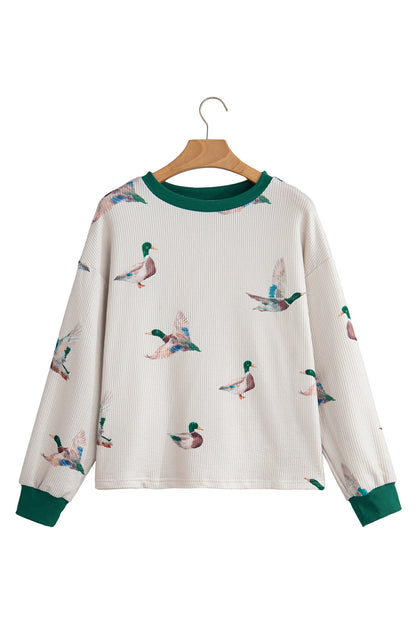 Beige Twisted Ribbed Duck Print Crewneck Casual Pullover Top