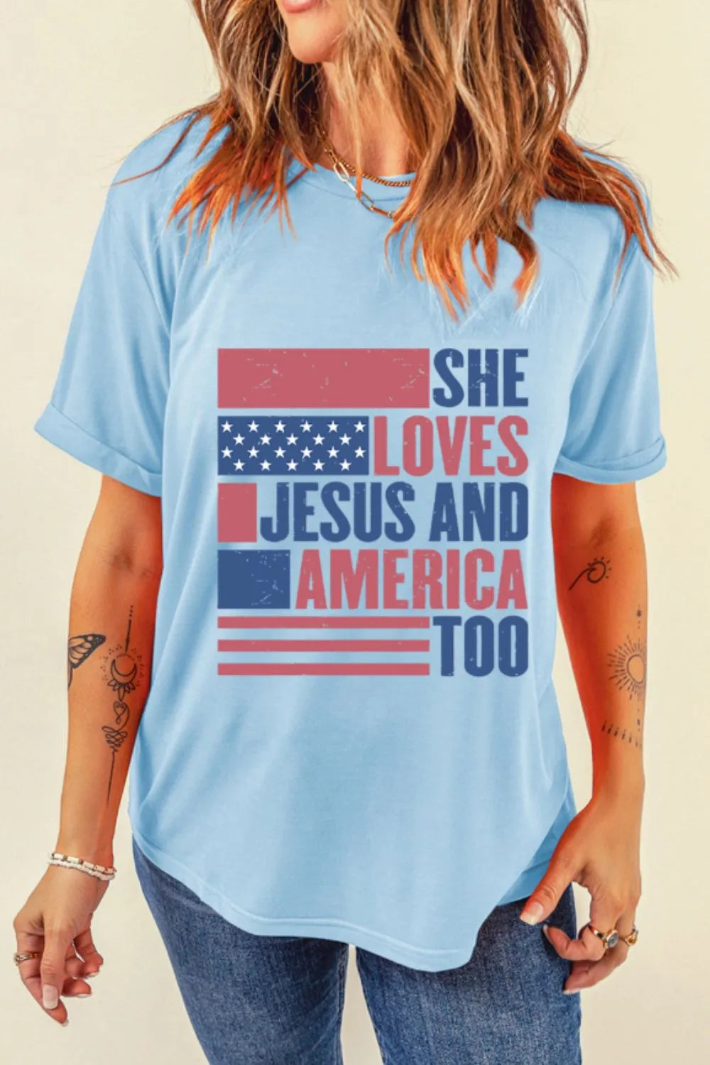 Patriotic Us Flag Round Neck Short Sleeve T-Shirt