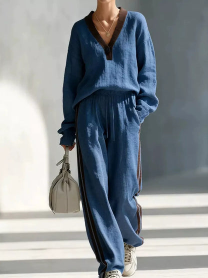 Contrast V-Neck Top and Striped Pants Set | Diva USA