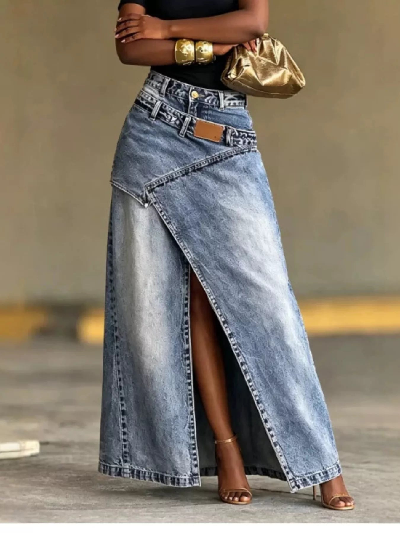 High-Waisted Asymmetric Slit Denim Maxi Skirt