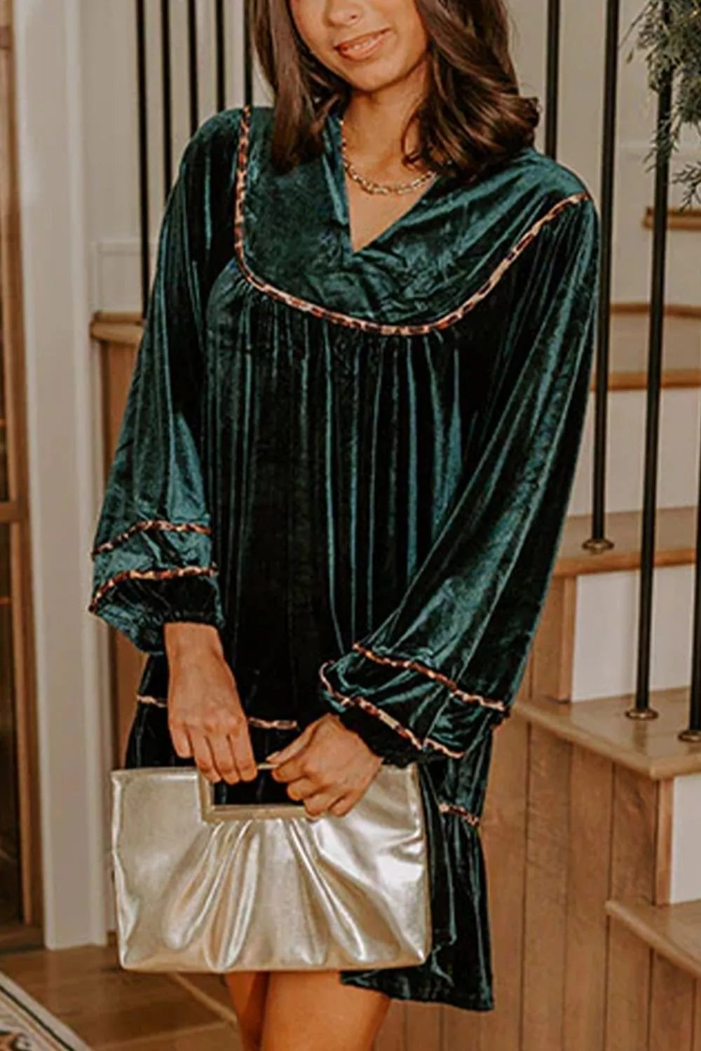 Leopard Trim Velvet Long Sleeve Shift Dress