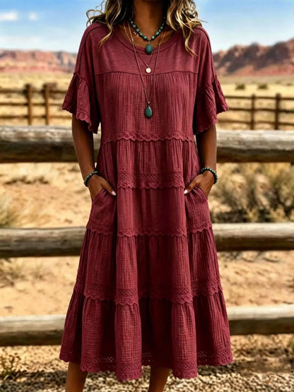 Plus Size Tiered Ruffle Sleeve Midi Dress with Pockets