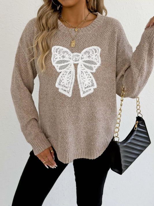 Lace Bow Embroidered Round Neck Sweater