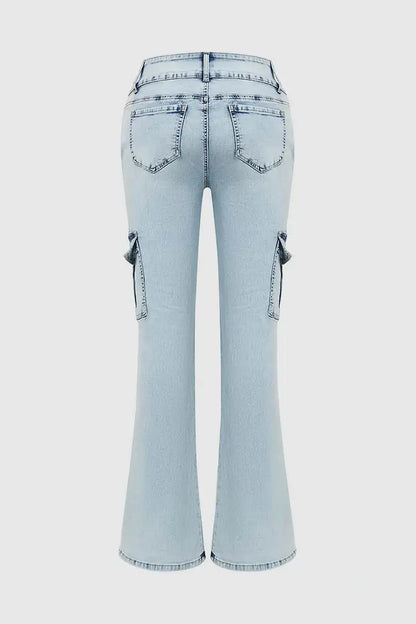 Multi Pocket Double Button Mid Rise Flare Cargo Jeans