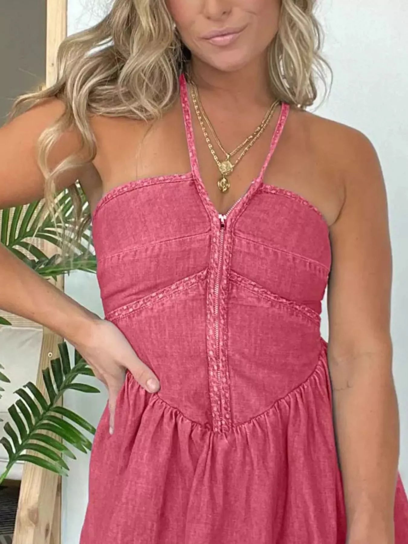 Full Size Denim Halter Neck Mini Dress Plus Size