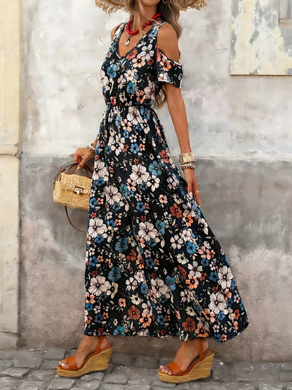 Cold Shoulder Floral Print Maxi Dress