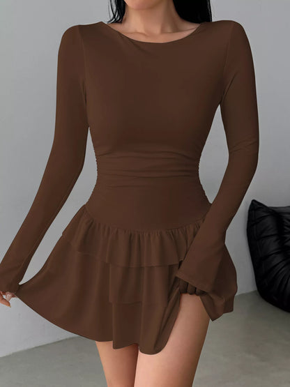 Elara's Ruched Long Sleeve Layered Ruffle Mini Dress