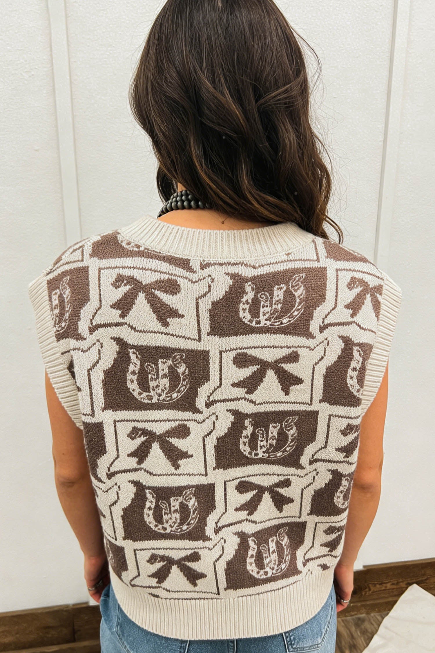 Brown Western Horseshoe Bow Printed V Neck Loose Sweater Vest