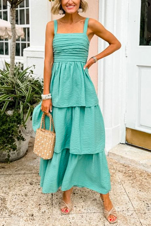 Sleeveless Ruched Tiered Maxi Dress Green