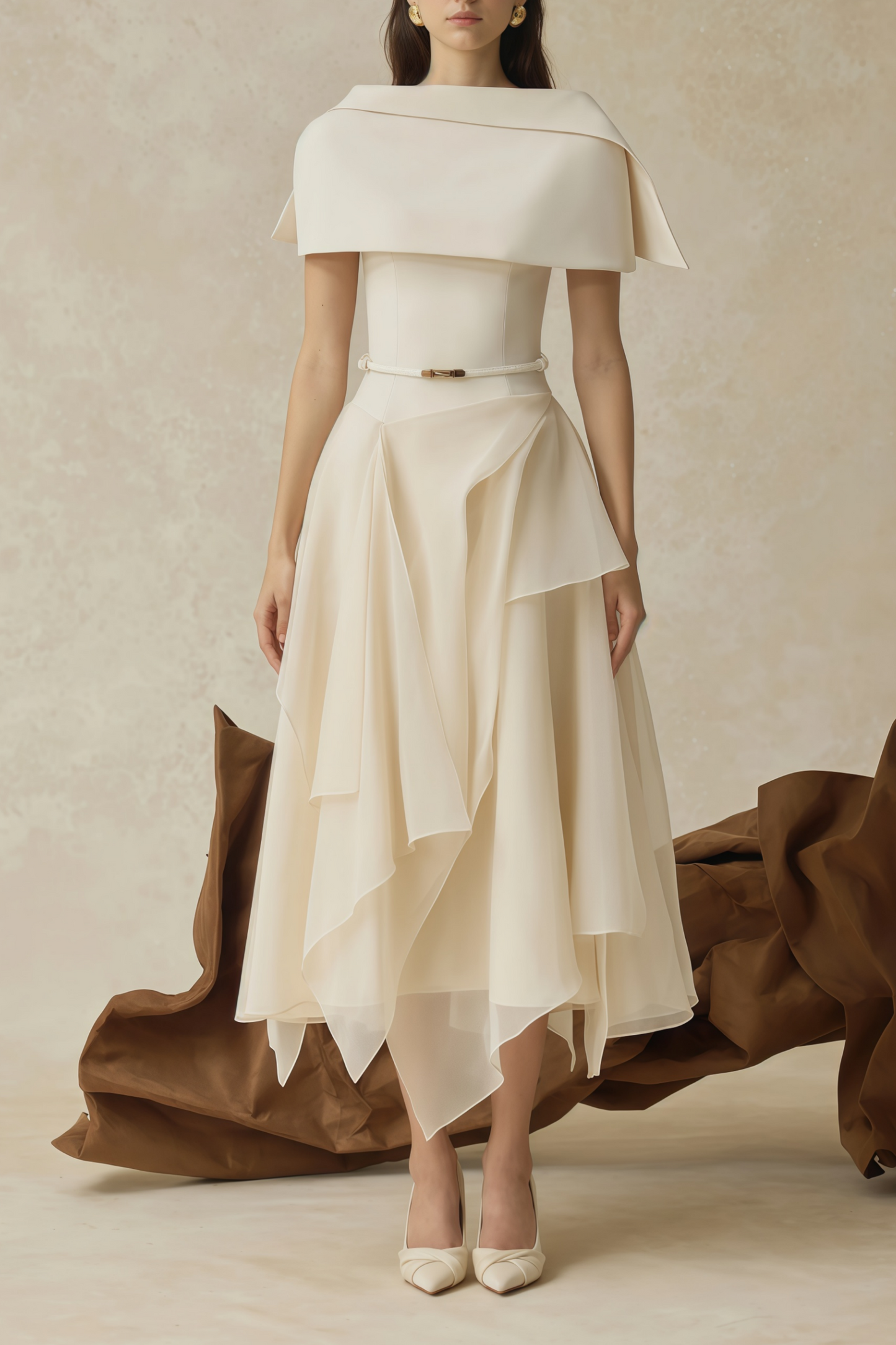 Aria White Asymmetrical Shawl & Tulle Panel Dress Set